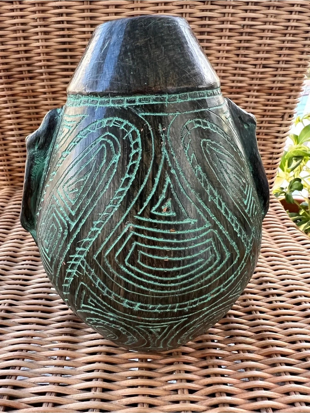 Vintage Marajoara Pottery Face Vase Brazil Amazonian Tribal Carved Geometric